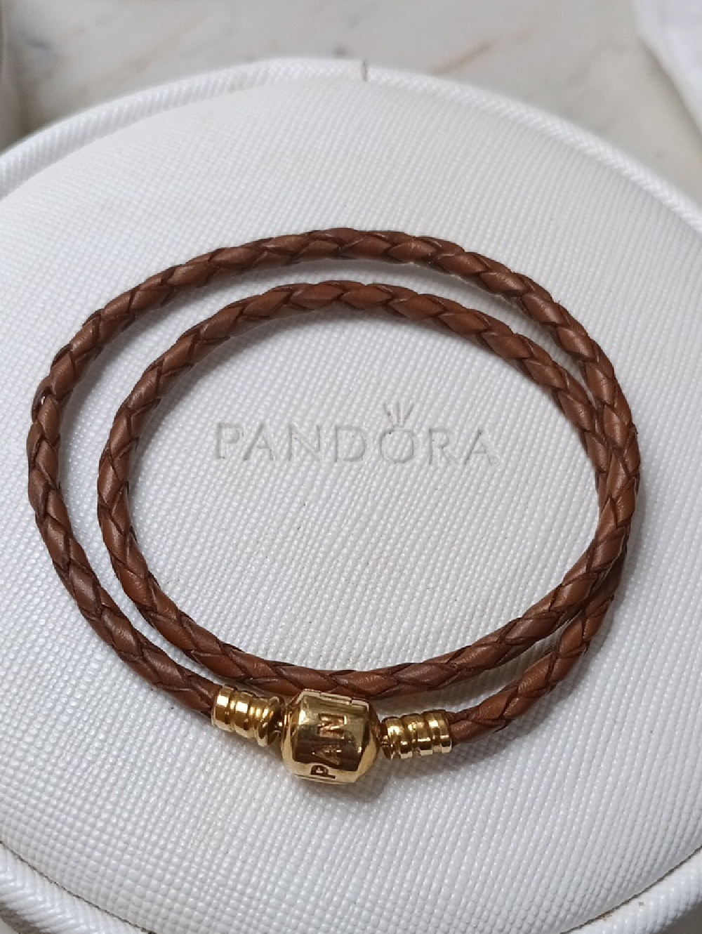 Pandora 14k Gold Clasp Retired Brown Braided Double Leather Bracelet.